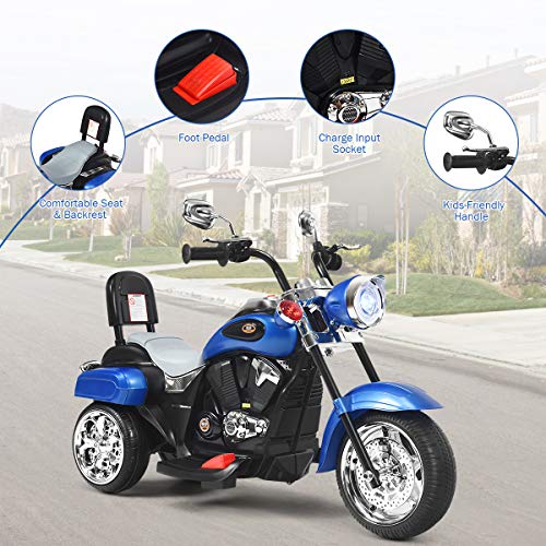 Costzon Kids Motorcycle, 6V Battery Powered Ride on Chopper Motorcycle w/Horn, Headlight, 3-Wheel Stable Ride on Toys, Electric Toddler Motorcycle for Kids, Gift for Boys Girls (Blue)