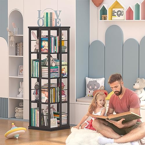 Aheaplus Rotating Bookshelf, Corner Bookshelf, 360 Display Wood Spinning Bookshelf, Floor Standing Bookcase Narrow Shelf Revolving Organizer Storage Rack for Small Space, Bedroom, Study Room, Black