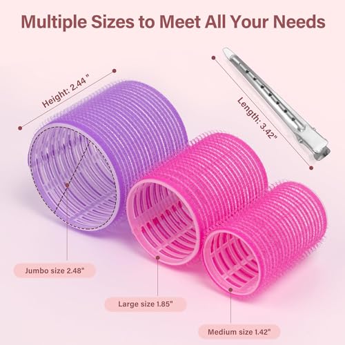48 Pcs Self Grip Hair Rollers Set with 26 Rollers Hair Curlers & 20 Metal Clips, 3 Sizes Rollers for Blowout Look Long Medium Short Hair Volume, Jumbo Large Medium Hair Rollers DIY Hairstyles