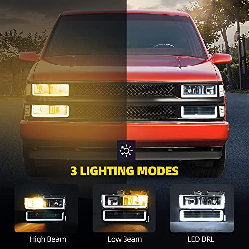 DWVO LED DRL Headlights Assembly Compatible with 1990-1999 Chevy Silverado C/K 1500 2500 3500/Suburban/Tahoe/GMC Yukon Headlamp Replacement Pair with Daytime Running Light