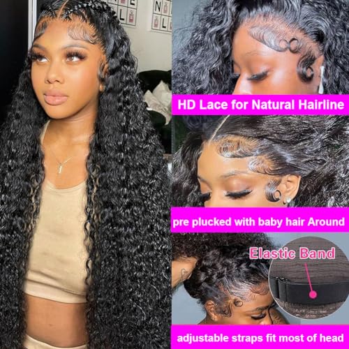 13x4 Lace Front Wigs Human Hair Deep Wave Lace Frontal Wigs 180% Density Glueless Brazilian Virgin Hair Pre Plucked with Baby Hair Natural Hairline HD Lace Wigs for Women Natural Black Color 18 Inch