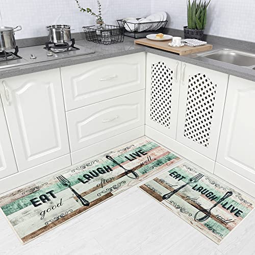 Carvapet Kitchen Mat [2 PCS 17"x48"+17"x24"] Non-Slip Backing Kitchen Rugs and Mats Pattern Printed Farmhouse Decor Washable Kitchen Floor Mat, Aqua Grey