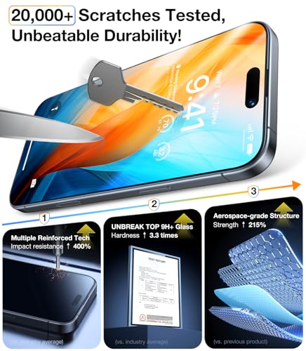 UltraGlass TOP 9H+ Glass for iPhone 14 Pro Screen Protector Tempered Glass [Longest Durable & Military Grade Shatterproof] Screen Protector 14 Pro Full Coverage, Anti-fingerprint, 2 Packs