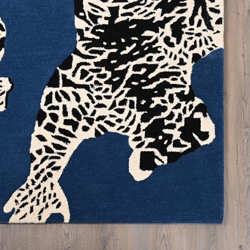 Restoration and Renovation Climbing Jaguar Modern Handmade Wool Rug for Living Room, Bedroom and Dining Room (Dark Blue, 7' x 10')