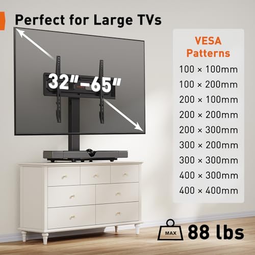 Perlegear TV Stand Mount, Universal Swivel TV Stand for 32–60,65 Inch LCD/LED/OLED TVs up to 88 lbs, Tabletop TV Stand with Tempered Glass Base, Height Adjustable TV Base with Tilt, Max VESA 400x400mm