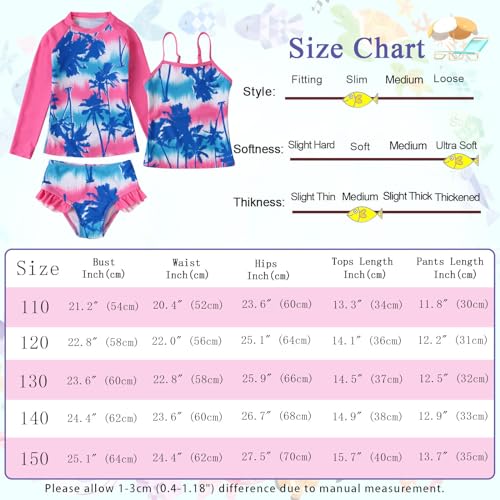 WonderBabe Little Girls Swimsuits 3-Piece Swimwears Rash Guard Set Long Sleeve UPF 50+Tankini Bathing Suit for Beach 3-4t Blue Pink