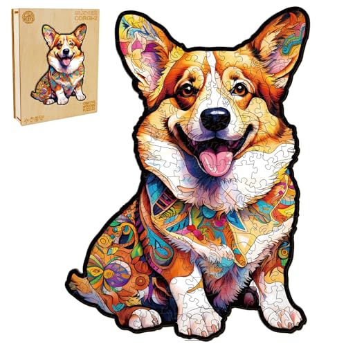 WOODBESTS 160 Piece Wooden Puzzle for Adults (M, 11.4"x8.3") Clever Corgi Puzzle Beautiful Wooden Box, Wooden Jigsaw Puzzles Unique Shape, Birthday Gifts for Adults and Kids Family Game