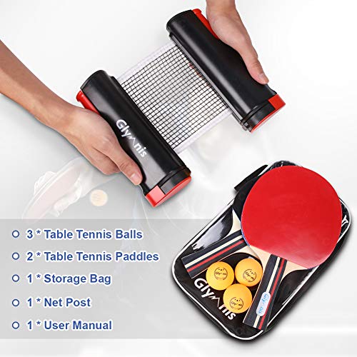 Glymnis Ping Pong Paddle Set Table Tennis Set with Retractable Net, Table Tennis Rackets, Balls and Carry Bag, Ping Pong Game Accessories for Indoor Outdoor