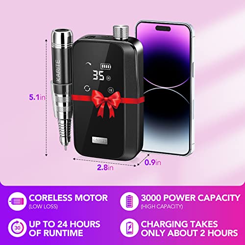 KARITE Nail Drill for Acrylic Nails Professional, 35000RPM Portable Nail File, Electric Nail Drill Machine 24H Working Time, Coreless Motor and 12 Bits, for Nail Art Manicure Pedicure, Low Noise