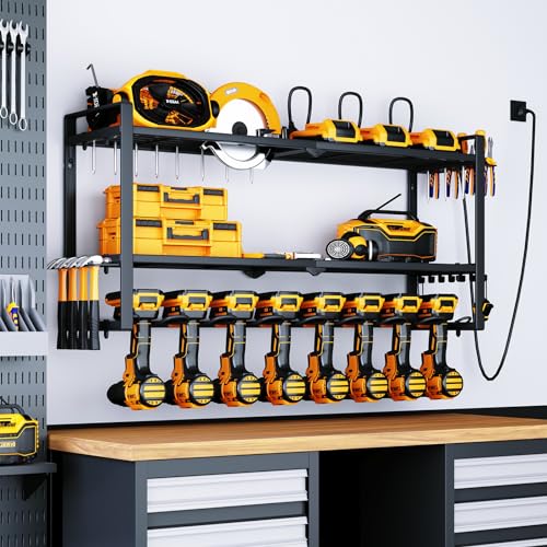 SOYEEZE Tool Organizer, 8- Drill Holder Wall Mount Built in 8 Outlet Power Strip, Power Tool Organizer with Charging Station, Cordless Drill Battery Heavy Duty Metal Rack, Garage Tool Storage Shelves