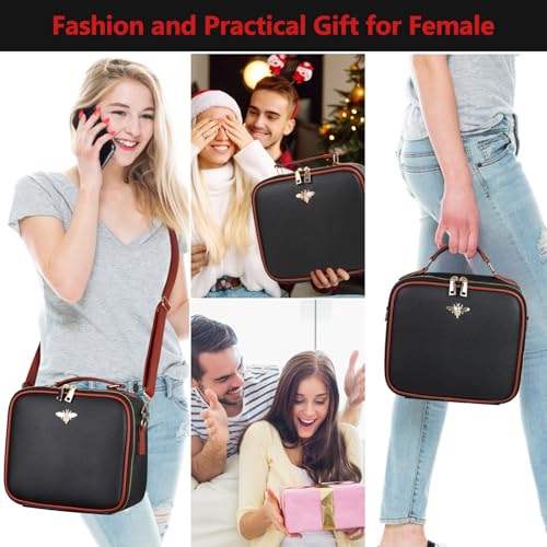 GERYUAEG Travel Makeup Bag with Mirror of LED Lighted, Rechargeable Cosmetic Train Case Artist Makeup Organizer for Women with Adjustable Dividers, Makeup Brushes Holder and Strap (Black)
