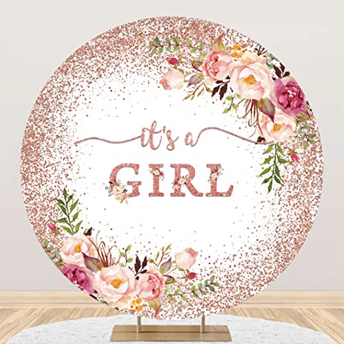 Laeacco 3x3ft It's a Girl Baby Shower Round Backdrop Pink Floral Glitter Confetti Round Background Cover for Photography Baby Gender Reveal Birthday Party Circle Backdrop Cover Photo Booth Props