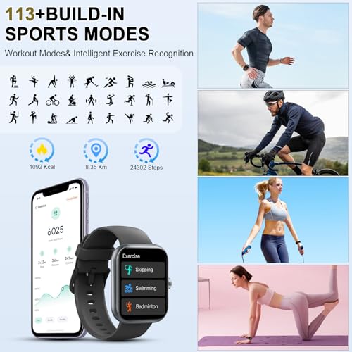 Smart Watch (Answer/Make Calls), 1.96" HD Screen SmartWatch for Men Women 113+ Sport Modes, Fitness Activity Tracker Heart Rate/Sleep Monitor/Pedometer, IP68 Waterproof, Smart Watches for Android iOS