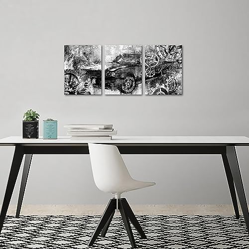 LevvArts 3 Piece Rustic Car Canvas Wall Art Old Car with Mechanical Gear Painting Poster Prints Cool Artwork for Man Cave Boys Bedroom Home Office Decoration (Black, Small)