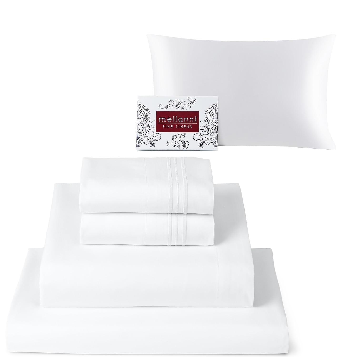 Mellanni Bed Sheet Set + Silk Pillowcase Bundle&Save - Hotel Luxury Bedding Sheets & Pillowcases - Bundle Includes: 4pcs Bed Sheet Set and 1 Mulberry Silk Pillowcase for Hair and Skin (Queen, White)