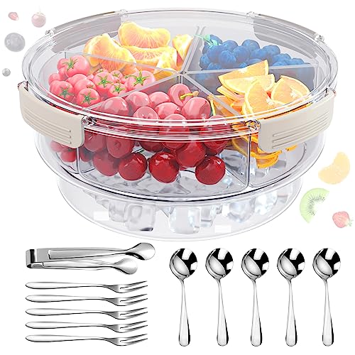 caktraie Condiment Tray [with 360° Rotating Tray Turntable] Stainless Steel 5 Spoons, 5 Forks and 1 Clip, Bar Ice Fruit Holder, Condiment Server, Compartment Tray with Lid