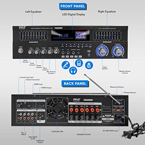 Pyle 6-Channel Bluetooth Hybrid Home Amplifier - 1600W Home Audio Rack Mount Stereo Power Amplifier Receiver w/ Radio, USB/AUX/RCA/MIC, HD/OPT/COAX, AC-3, DVD Inputs, Dual 10 Band EQ - PREA90WBT