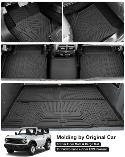 Powerty Floor Mats for 2021-2023 2024 Ford Bronco 4-Door Accessories All Weather Floor Liner 3D TPE 1st & 2nd Row Floor Mat Heavy-Duty Floor Liners