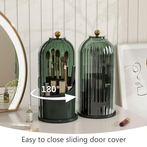 Emljkvp Makeup Brush Holder with Dustproof Cover 360 Rotating Makeup Brush Organizer for Vanity Bathroom, All Green