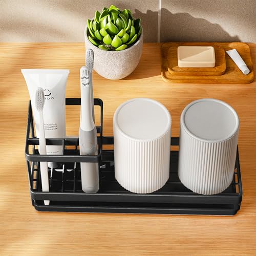 Toothbrush Holders for Bathrooms with Drainage, 4 Slots Tooth Brushing Organizer for Bathroom Countertop, Electric Toothbrush and Toothpaste Holder, Tooth Brush Organization Black (Rustproof)