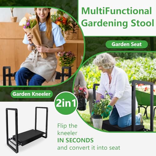 Onadak Anti-Tipping Garden Kneeler and Seat,Foldable Garden Stool Heavy Duty Gardening Bench,Garden Kneelers for Seniors,Great Gardening Gifts for Women and Men, Bench Comes with Tool Pouch,Black
