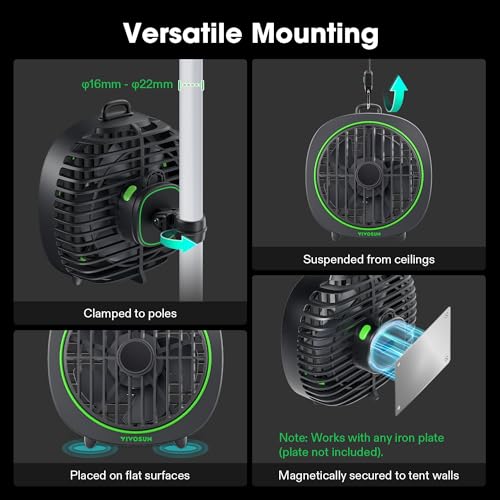 VIVOSUN AeroWave D4, 4” Grow Tent Clip Fan with Detachable Hook, 3-Speed Strong & Quiet Airflow, Adjustable Airflow Angle for Hydroponics, Circulation & Cooling, Black, 1-Pack