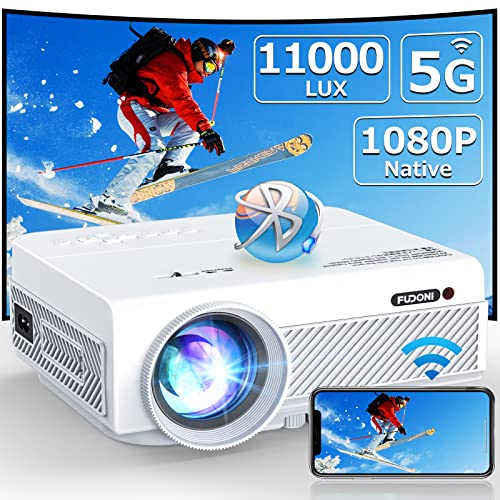 Projector with WiFi and Bluetooth, FUDONI 5G WiFi Native 1080P Outdoor Projector 15000L Support 4K, Portable Movie Projector with Screen and Max 300", for iOS/Android/Laptop/TV Stick/HDMI/USB/VGA/TF