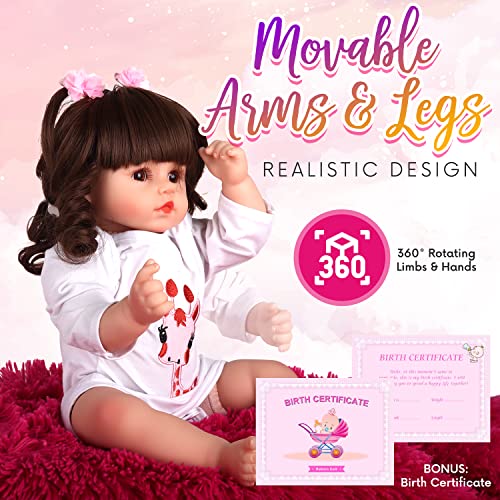 DOLLHOOD Reborn Baby Dolls - 18-Inch Realistic Baby Doll with Complete Baby Doll Accessories - Lifelike, Soft Silicone Newborn Girl Doll with Movable Arms and Legs - Comes with a Birth Certit