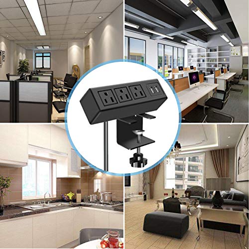 CCCEI 3 Outlet Desk Clamp Power Strip with USB Ports, Desktop Power Strip Surge Protector 1200J. Desk Mount Charging Power Station, on Desk Edge Power Outlet 125V 12A 1500W.