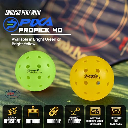 PIXA Propick 40 Unisphere Premium Outdoor Pickleball - USAPA Approved, Tournament Play, Durable Outdoor Pickleballs, Consistent Bounce,Smooth Flight,Competitive Play,Bright Yellow/Green,Pack of 3,6,12