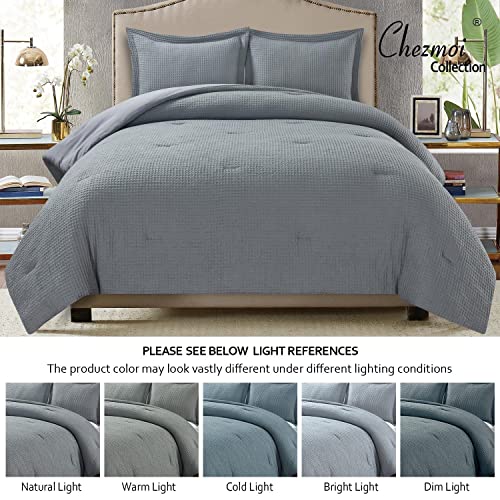Chezmoi Collection Wilmer 3-Piece Waffle Weave Comforter Set - Soft and Cozy All Season Bedding Set, Full, Gray