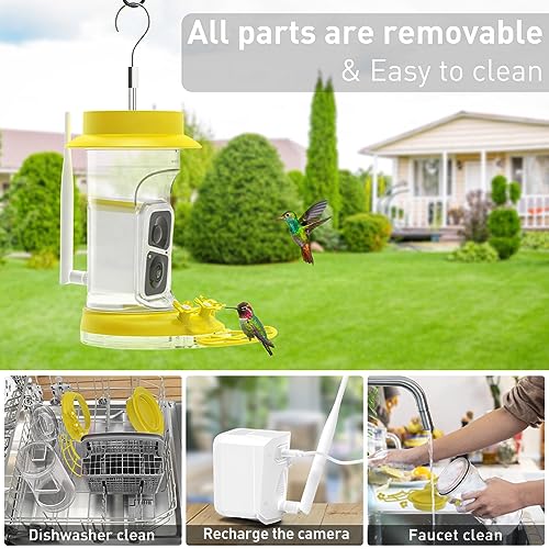 Soliom Humbirdy-The Original Hummingbird Feeder Camera with Ant Moat,Bee Proof,AI Identify Bird Species,Bird Watching Camera W/ 3 Feeding Ports,Instant Notifications,Gifts Ideas for Family(16 Ounces)