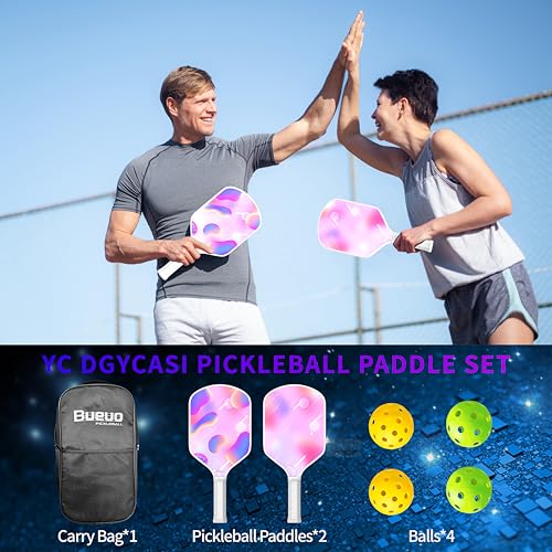 Bueuo Pickleball Paddles Set of 2,Pickleball Paddle Made with Fiberglass and Honeycomb Polypropylene - Includes 2 Paddles, 4 Balls, and Pickleball BagPink