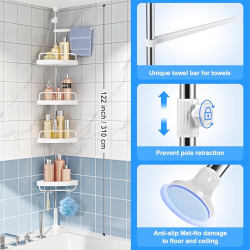 Corner Shower Caddy Tension Pole: Adjustable Stainless Steel Shower Organizer with 4 Tier Shelf for Bathroom Bathtub Tub Shampoo - Floor Standing Rack Bath Storage Holder with Rust Proof Rods