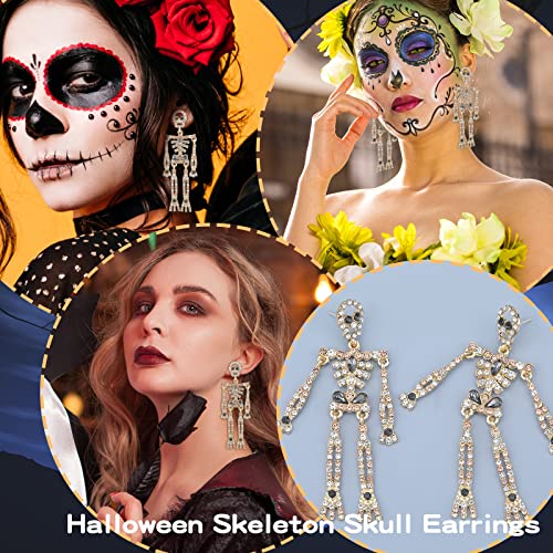 Halloween Skeleton Earrings for Women Bling Rhinestone Crystal Skull Earrings Spooky Skull Skeleton Dangle Earring Halloween Theme Jewelry Gift Charm Halloween Accessories