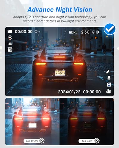 3 Channel 2.5K Dash Cam, 1440P Dash Cam Front and Rear Inside, Dash Camera for Cars, Triple Car Camera with 32GB Card, G-Sensor, 24Hr Parking, 170°Wide Angle, Loop Recording, IR Night Vision, Blue