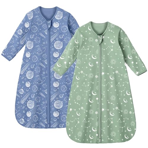 Unnivoll Baby Sleep Sack 0-6 Months 100% Cotton Long Sleeve Wearable Blanket Baby Sleep Bag with 2-Way Zipper 2 Pack 0.5 Tog Sleeping Sack for Newborn Infant