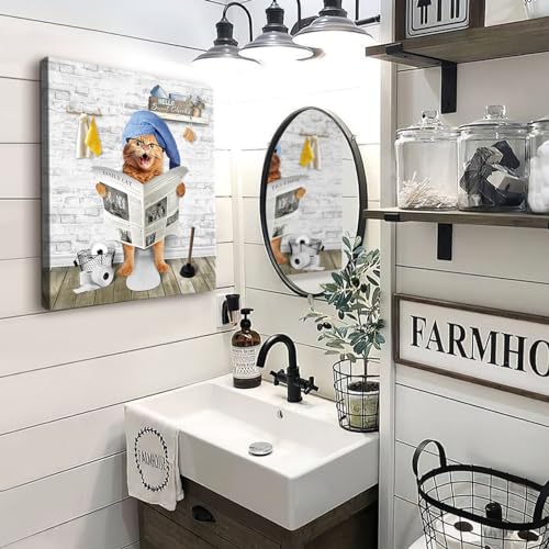 Funny Bathroom Decor Wall Art Cute Cat Sitting on the Toilet Reading Newspaper Bathroom Pictures Wall Decor Humor Animals Bathroom Canvas Prints Framed Artwork for Bathroom Bedroom Decor 12"x16"