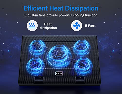 Kootek Laptop Cooling Pad, Laptop Cooler with 5 Quiet Fans for 12"-17" Computer PC Notebook Gaming Laptop Fan, Height Adjustable Laptop Cooling Stand Laptop Accessories, Blue