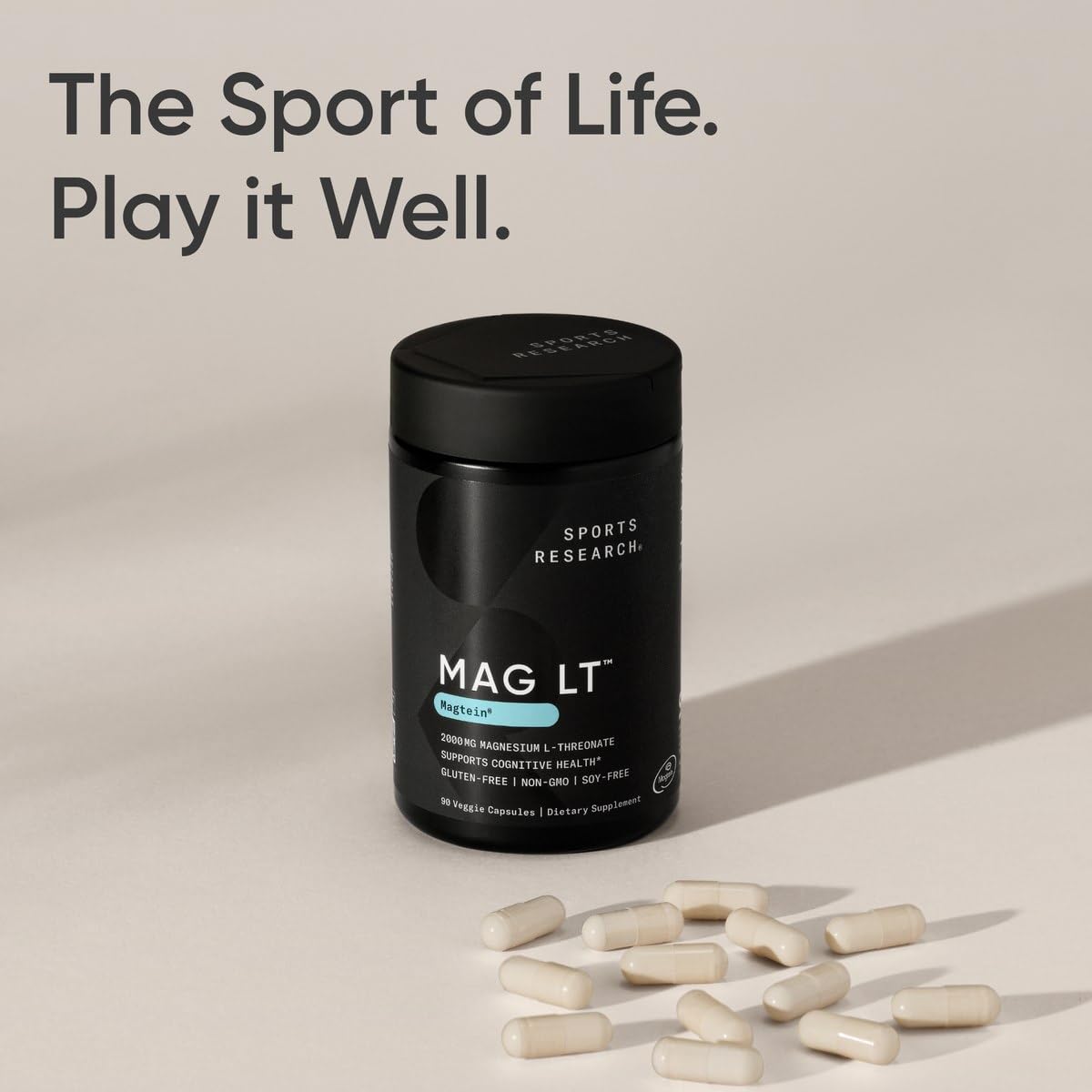 Sports Research Magtein Magnesium L-Threonate Capsules - Magnesium Supplement for Memory, Focus & Cognition - Magnesium L Threonate Supports Brain Health, Sleep & Mood - 2000mg, 90 Capsules for Adults