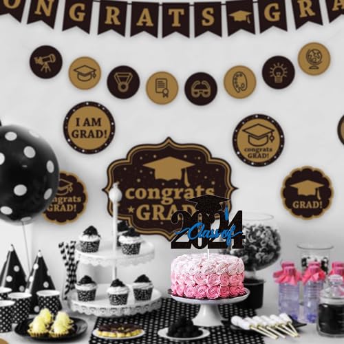 Class of 2024 Graduation Cake Topper Black Blue Glitter Congrats Grad Cake Decorations Congratulations Grad 2024 Party Supplies (Blue)