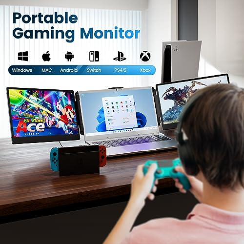 domyfan 14" Laptop Screen Extender, FHD 1080P IPS Triple Portable Monitor for Laptop, HDMI/USB-A/Type-C Plug and Play for Windows, Mac, Android, Chrome, Switch & PS5, Work with 13.3”-17” Laptops