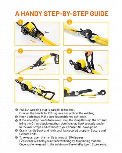 Strapinno Retractable Ratchet Tie-Down Strap, 2in x 15ft Heavy-Duty with Snap Hooks,10,000lbs Breaking Strength & 3,333lbs Working Load Limit, Comes with a 36-Inch Axle Strap (Direct Hook 1PC)