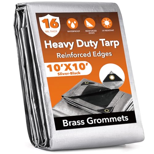 10x10FT Waterproof Tarp, Yumatum 16 Mil Heavy Duty Tarps with Reinforced Edges/Brass Grommets, 100% UV Blocking/Tear Resistant Poly Tarp for Camping, Patio, Tent, Boat(Silver/Black)