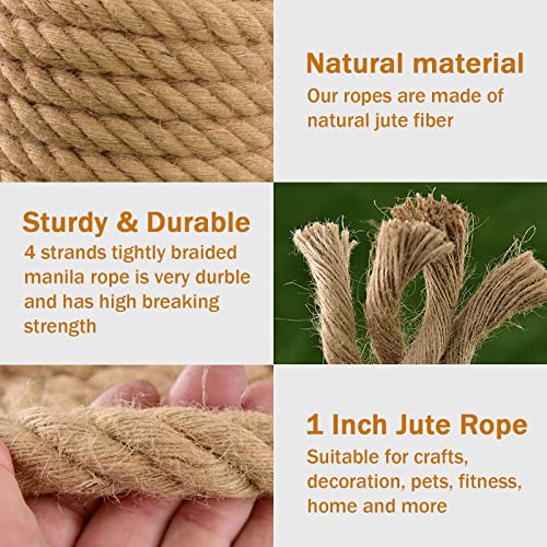 Ganggend Jute Rope (1 in X 50 ft), Thick Twisted Manila Ropes, Natural Heavy Duty Hemp Rope for Swing Bed, Crafts, Railing, Tug of War, Landscaping, Gardening, Bundling, Hammock, Home Decorating