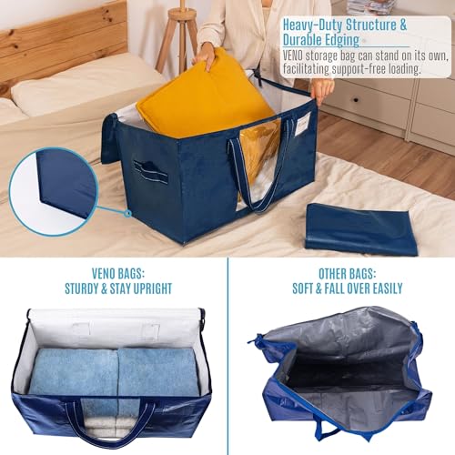 VENO 2 Pack Moving Bags, Comforter and Blanket Storage Bags for Closet, Moving Boxes, Boxes with Lids Alternative, College Dorm Packing Supplies, Foldable Heavy-Duty Tote with Window (Blue, 2 Pack)