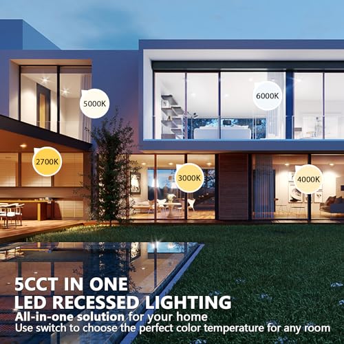LVWIT LED Recessed Light 4inch, Can Lighting Color Selectable 2700/3000/4000/5000/6000K 5CCT, 7W(85W Equivalent) Dimmable Downlight with E26 Conversion Kit, Retro Fit Ceiling Light Fixtures, 6 Pack