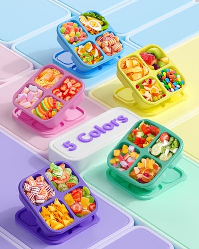 5 PCS Bento Snack Containers, Reusable 4 Compartment Divided Food Storage Containers, Divided Lunchable Container for School, Work and Travel (Multicolor)