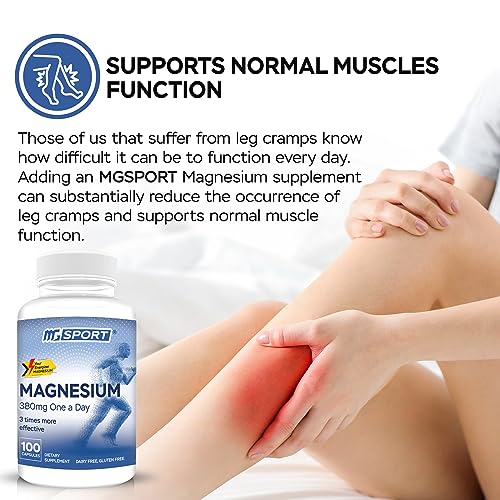 MGSPORT Magnesium Supplement - High Absorption Supplement with Vitamins B6, D, E - Relieves Leg Cramps & Muscle Support - 100 Servings