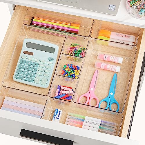 Vtopmart 44 PCS Clear Plastic Drawer Organizers Set, 4-Size Versatile Bathroom and Vanity Organizer Trays, Non-Slip Storage Containers for Makeup, Jewelries, Bedroom，Kitchen Utensils and Office